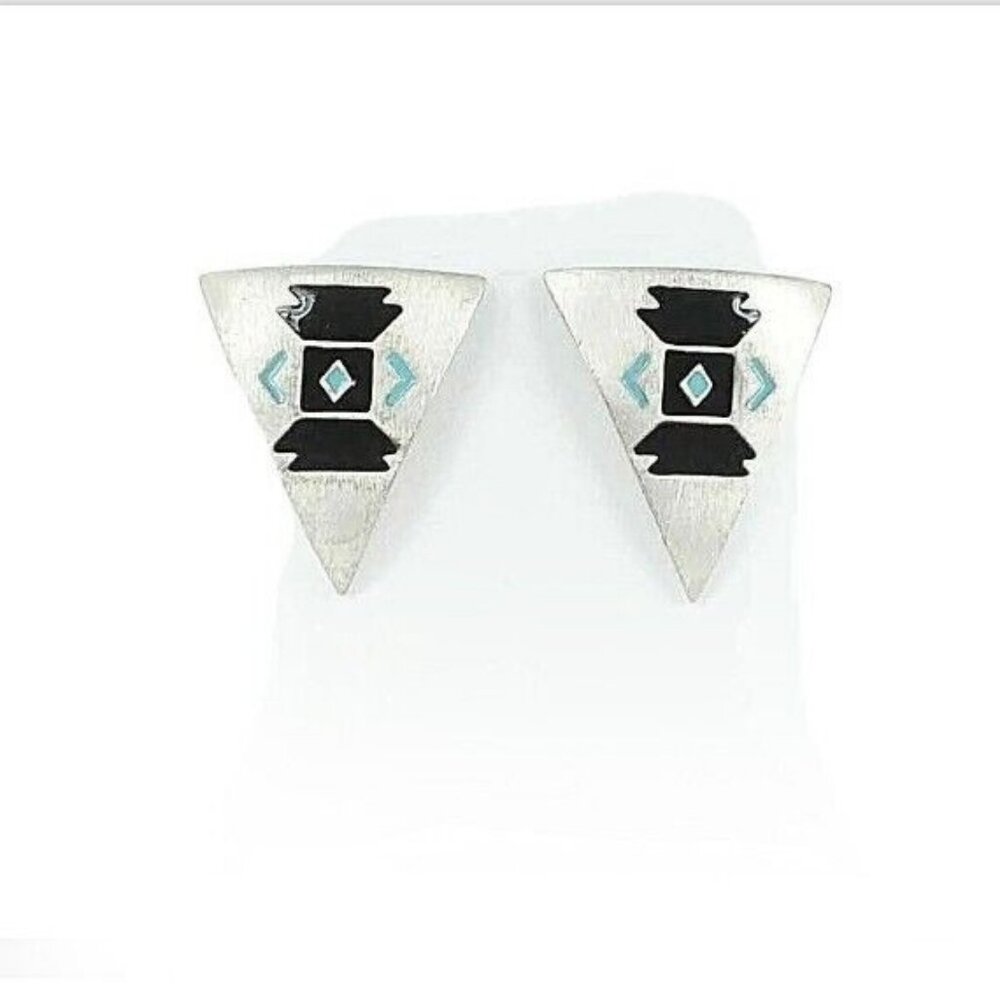 American Indian Black Aqua Enamel Brushed Triangular Western Shield Earrings